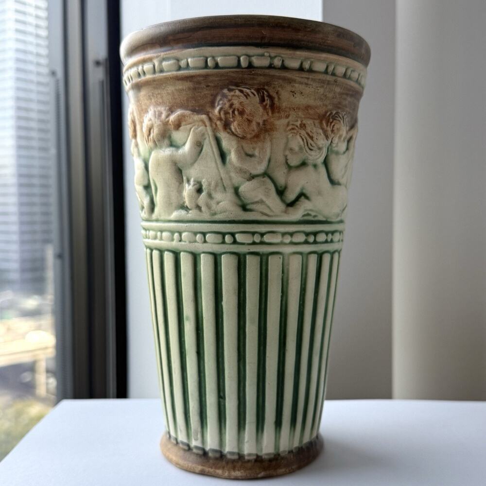 Weller Pottery Fairfield Embossed Cherubs Vase 8" Brown & Green Glazed Vintage